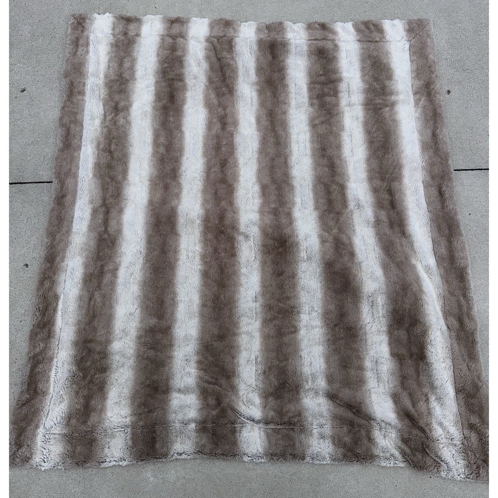 Pier 1 Faux Fur Throw Blanket Striped Taupe Cream Plush Soft 56x48